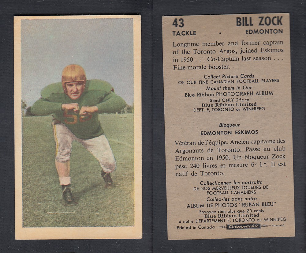 1954 CFL BLUE RIBBON FOOTBALL CARD #43 B. ZOCK photo