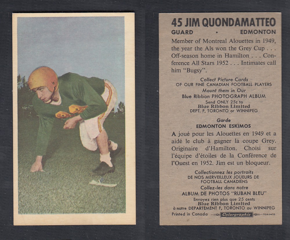 1954 CFL BLUE RIBBON FOOTBALL CARD #45 J. QUONDAMATTEO photo