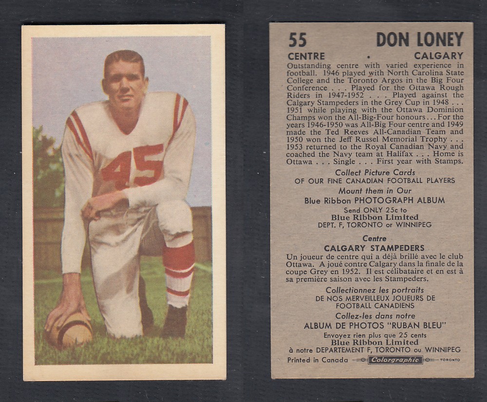 1954 CFL BLUE RIBBON FOOTBALL CARD #55 D. LONEY photo