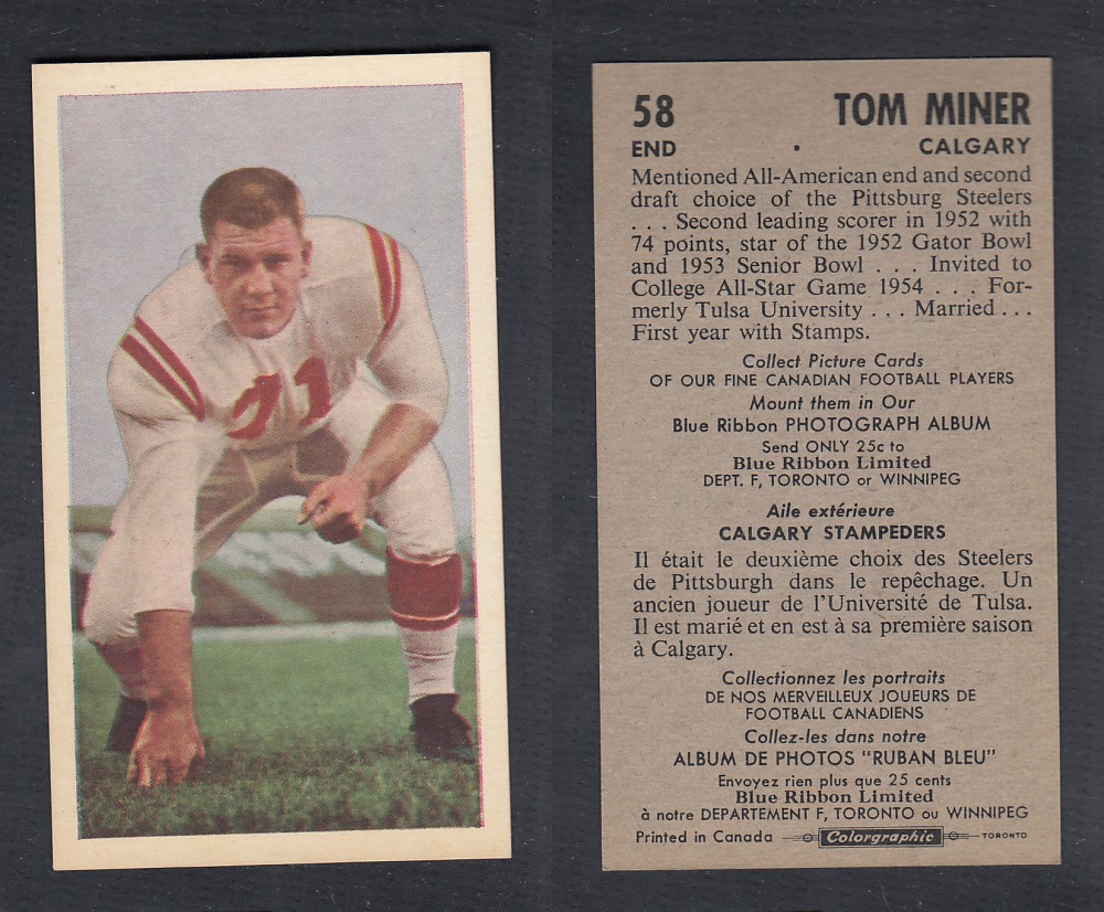 1954 CFL BLUE RIBBON FOOTBALL CARD #58 T. MINER photo