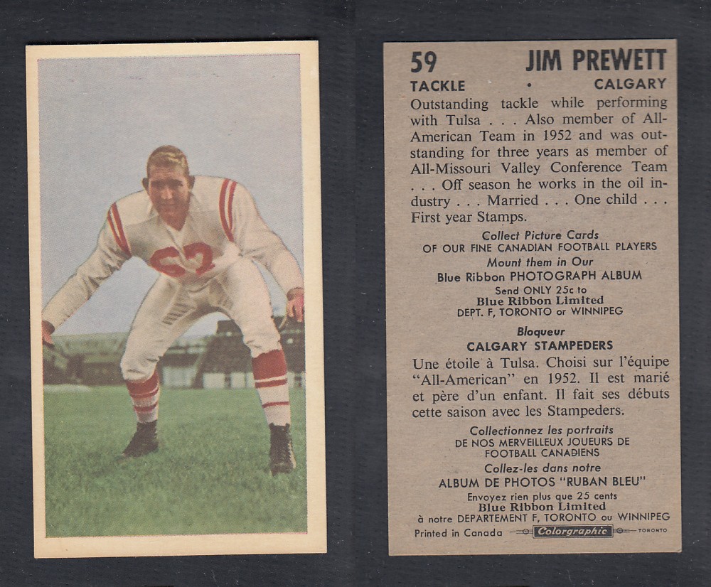 1954 CFL BLUE RIBBON FOOTBALL CARD #59 J. PREWETT photo