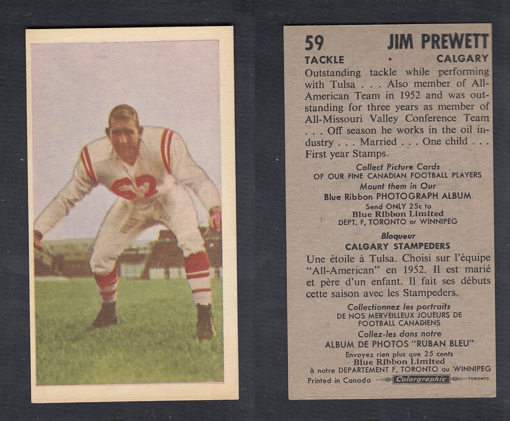 1954 CFL BLUE RIBBON FOOTBALL CARD #59 J. PREWETT photo