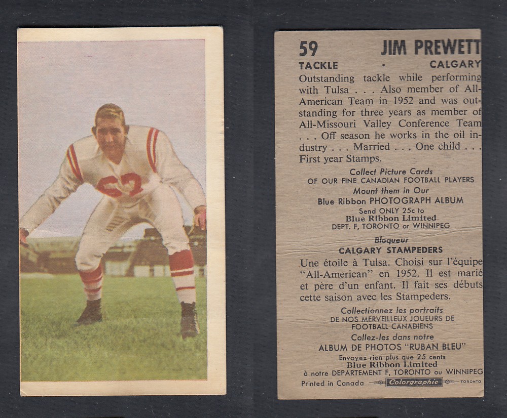 1954 CFL BLUE RIBBON FOOTBALL CARD #59 J. PREWETT photo