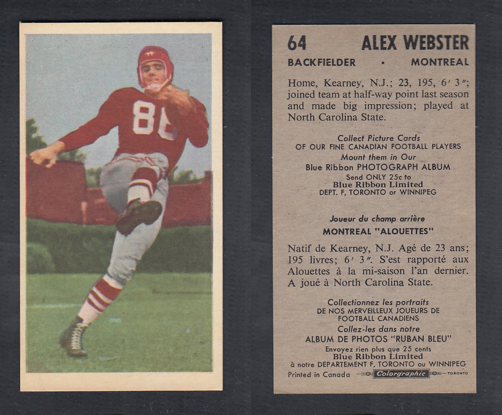 1954 CFL BLUE RIBBON FOOTBALL CARD #64 A. WEBSTER photo