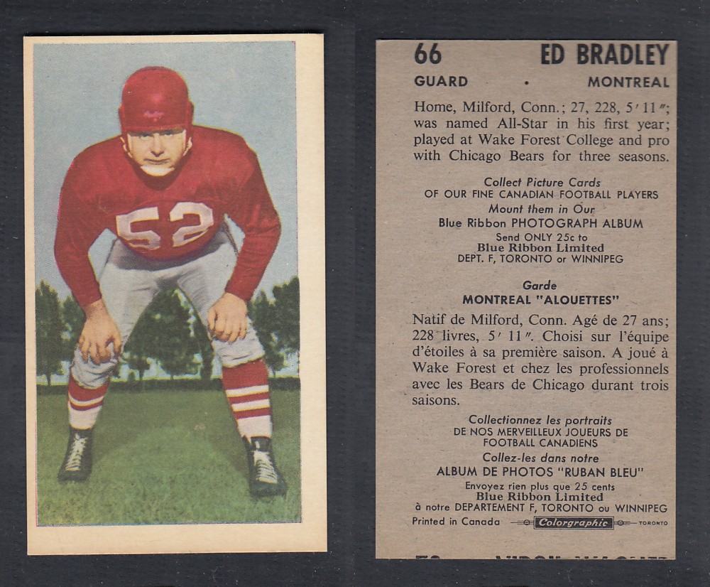 1954 CFL BLUE RIBBON FOOTBALL CARD #66 E. BRADLEY photo