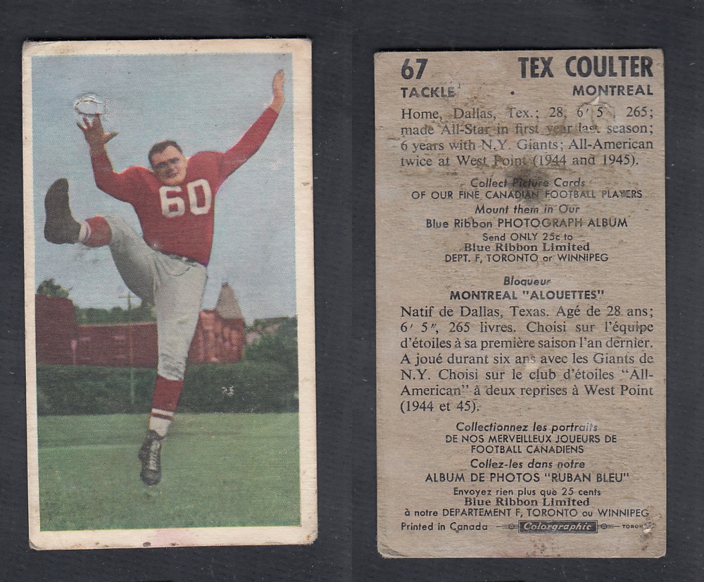 1954 CFL BLUE RIBBON FOOTBALL CARD #67 T. COULTER photo