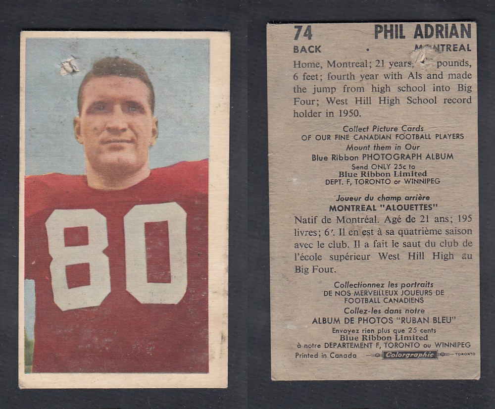 1954 CFL BLUE RIBBON FOOTBALL CARD #74 P. ADRIAN photo