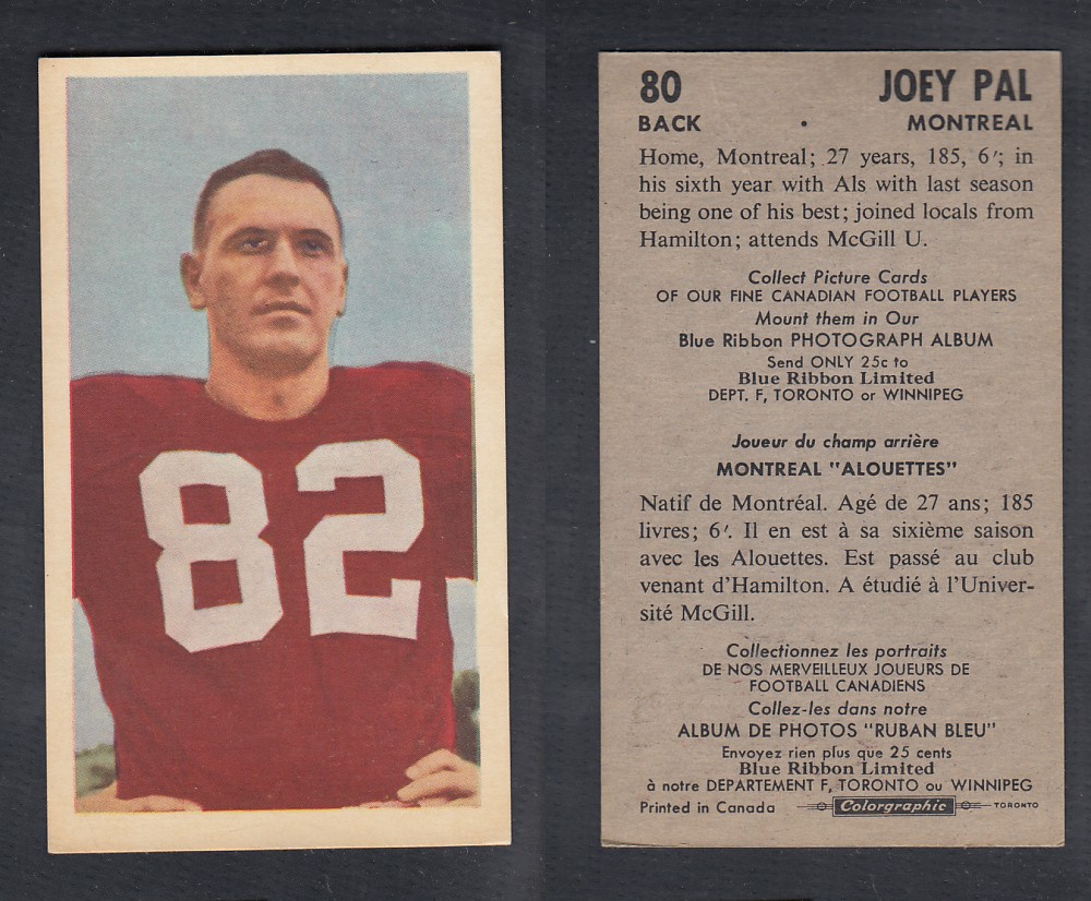 1954 CFL BLUE RIBBON FOOTBALL CARD #80 J. PAL photo