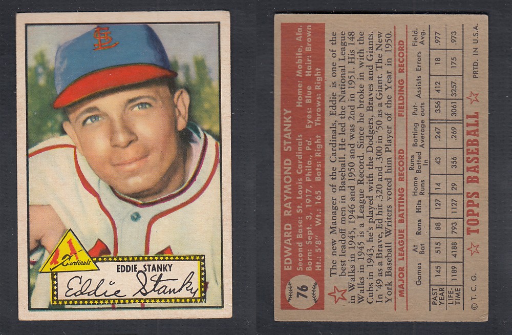 1952 TOPPS BASEBALL CARD #76 E. STANKY photo