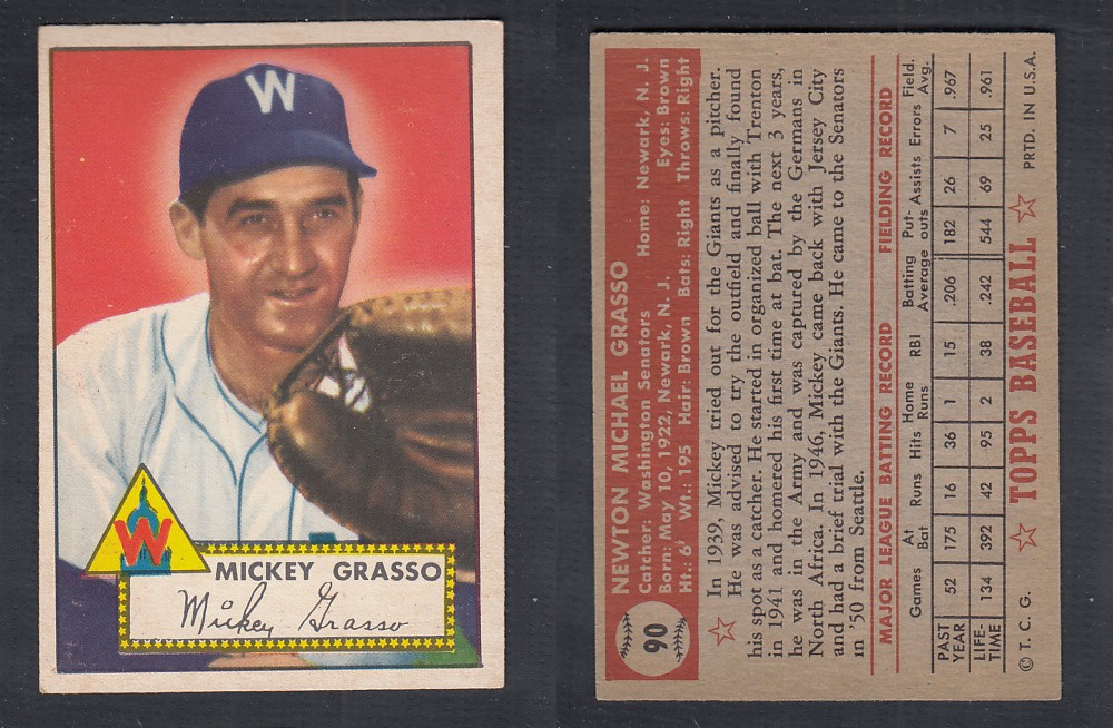 1952 TOPPS BASEBALL CARD #90 M. GRASSO photo