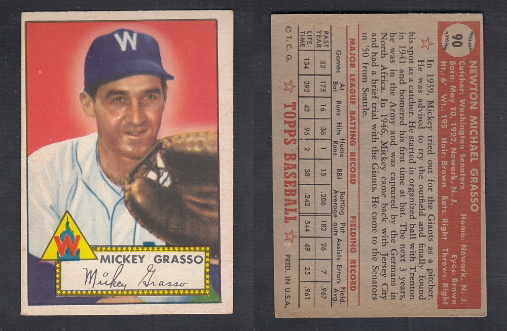 1952 TOPPS BASEBALL CARD #90 M. GRASSO photo