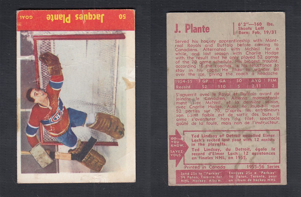 1955-56 PARKHURST HOCKEY CARD #50 J. PLANTE photo