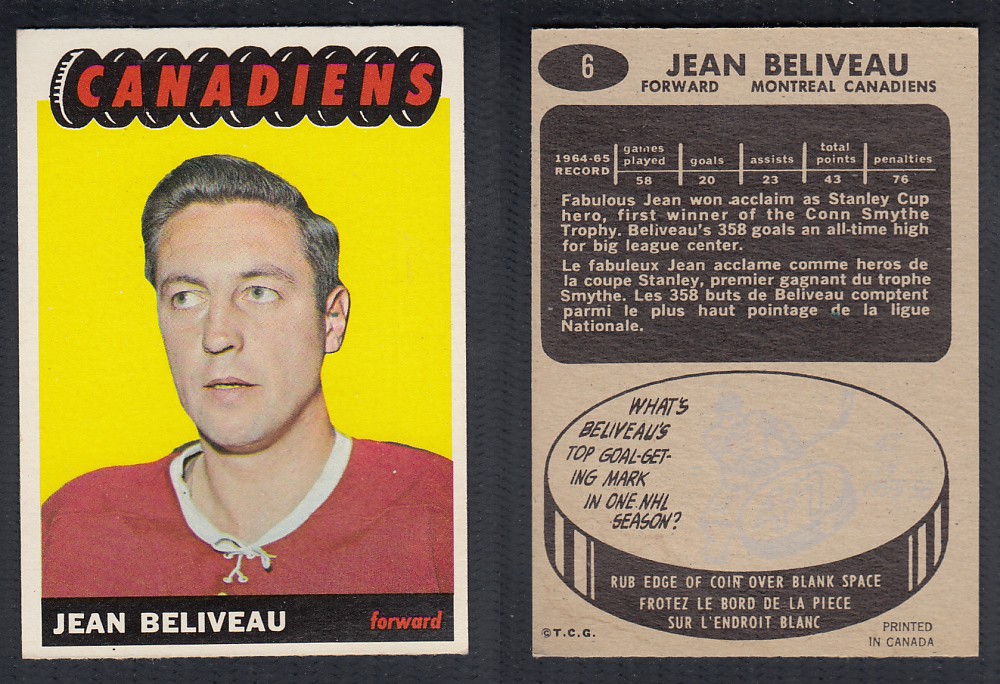 1965-66 TOPPS HOCKEY CARD #6 J. BELIVEAU photo