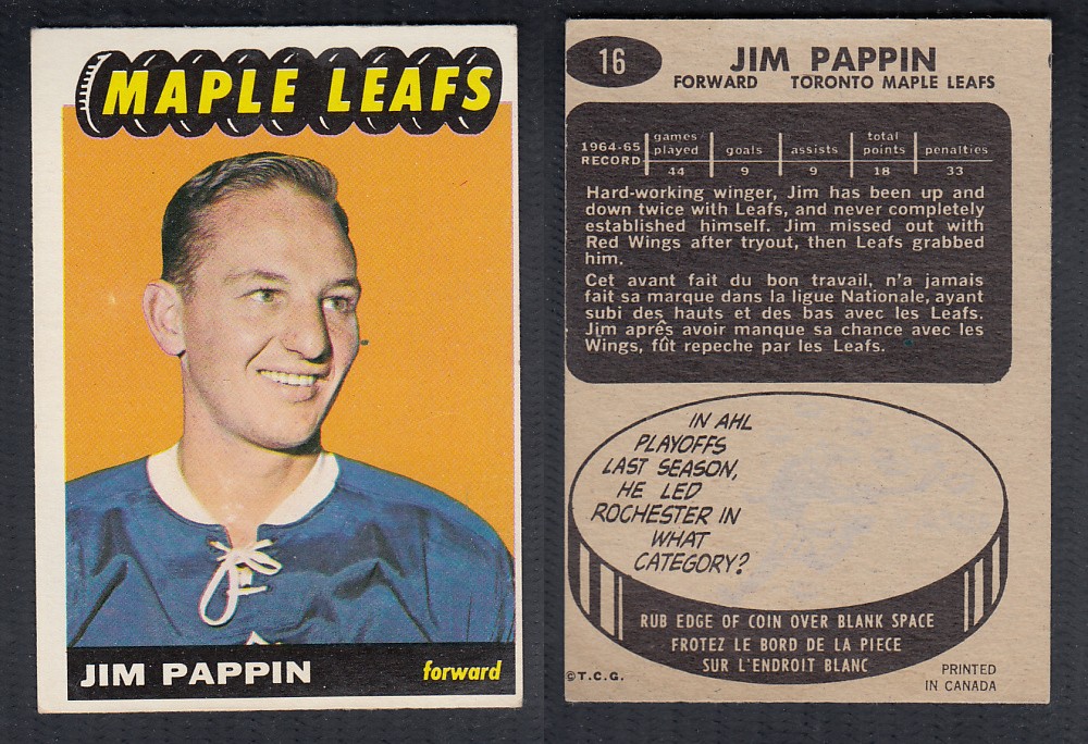 1965-66 TOPPS HOCKEY CARD #16 J. PAPPIN photo