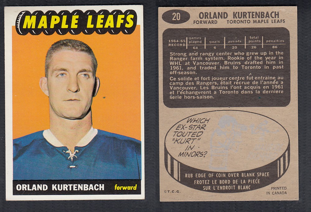 1965-66 TOPPS HOCKEY CARD #20 O. KURTENBACH photo