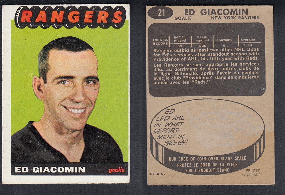 1965-66 TOPPS HOCKEY CARD #21 E. GIACOMIN photo