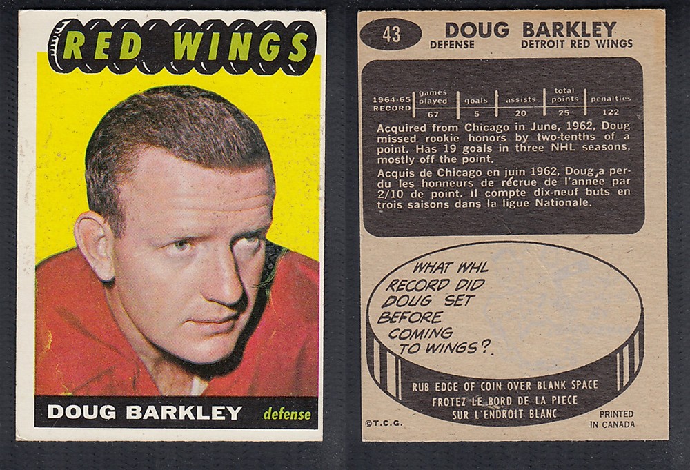 1965-66 TOPPS HOCKEY CARD #43 D. BARKLEY photo