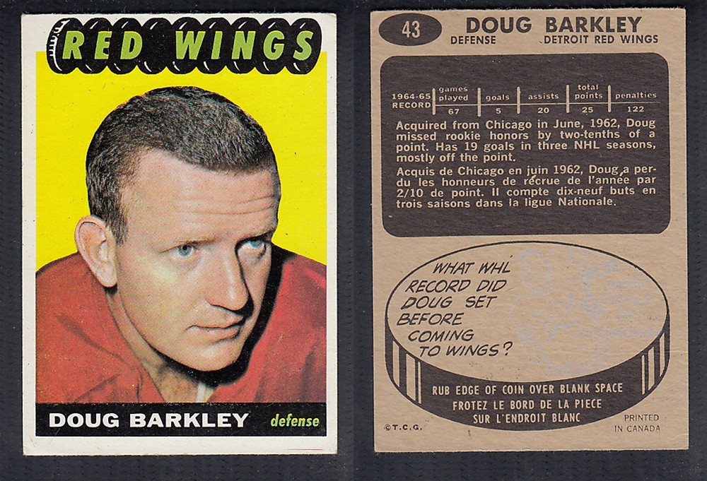 1965-66 TOPPS HOCKEY CARD #43 D. BARKLEY photo