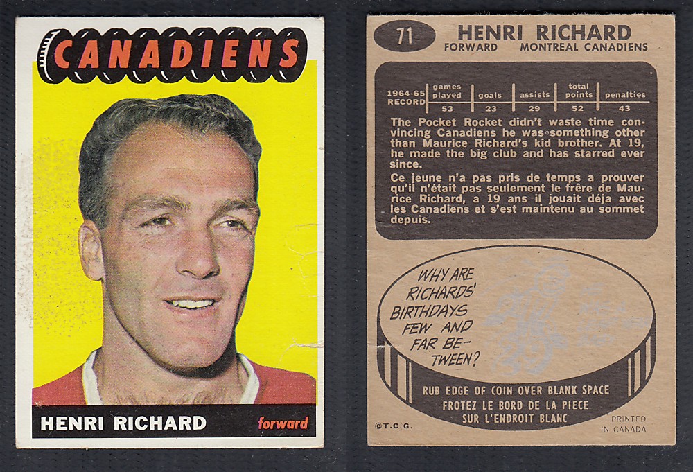 1965-66 TOPPS HOCKEY CARD #71 H. RICHARD photo