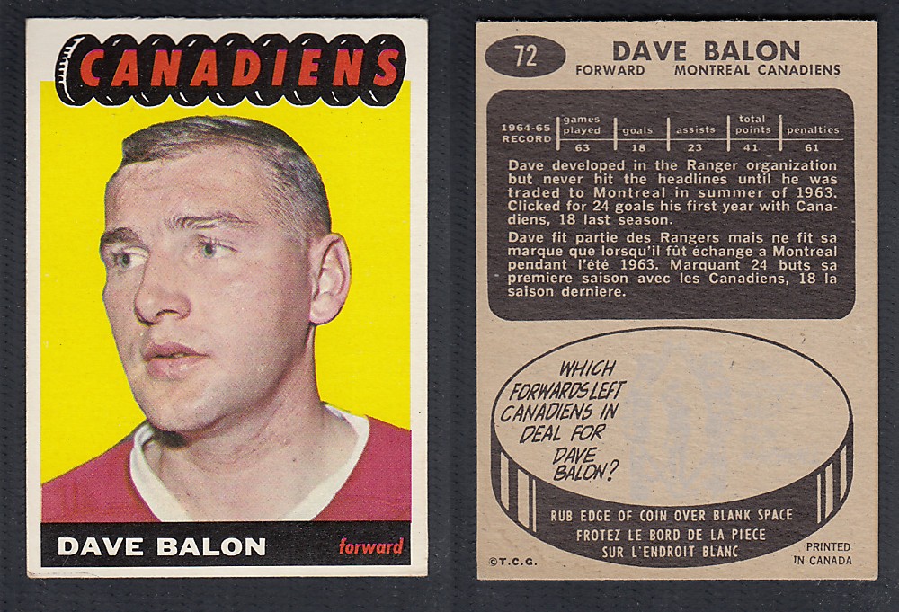 1965-66 TOPPS HOCKEY CARD #72 D. BALON photo