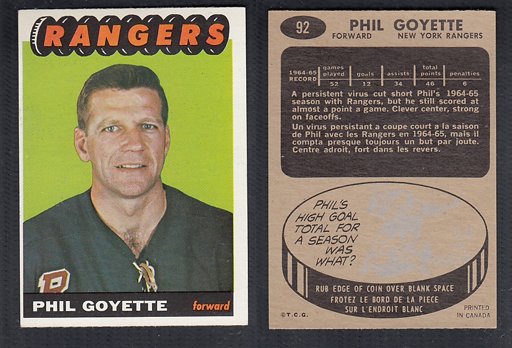 1965-66 TOPPS HOCKEY CARD #92 P. GOYETTE photo