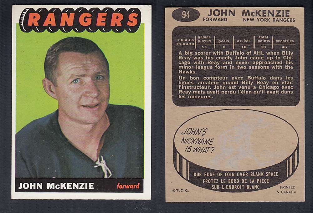 1965-66 TOPPS HOCKEY CARD #94 J. McKENZIE photo