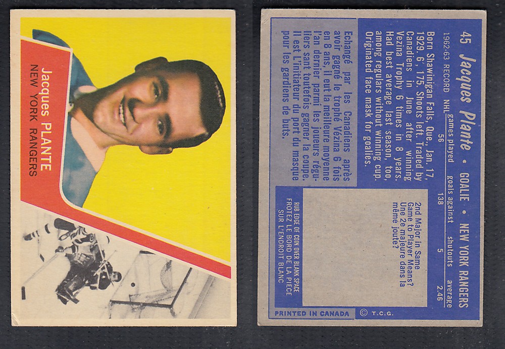 1963-64 TOPPS HOCKEY CARD #45 J. PLANTE photo