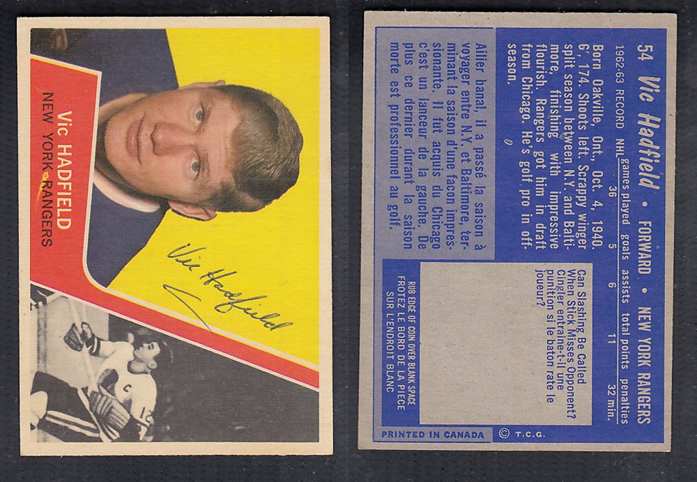 1963-64 TOPPS HOCKEY CARD #54 V. HADFIELD AUTOGRAPHED photo