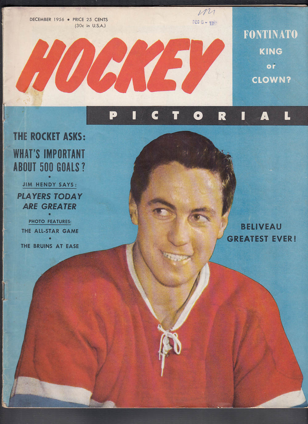 1956 HOCKEY PICTORIAL MAGAZINE J. BELIVEAU ON COVER photo