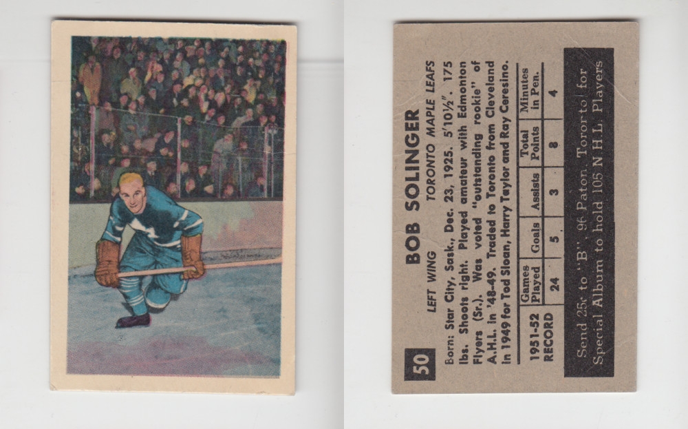 1952-53 PARKHURST HOCKEY CARD #50 B. SOLINGER photo