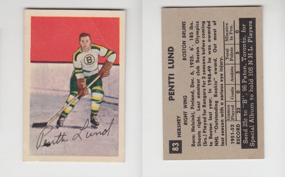 1952-53 PARKHURST HOCKEY CARD #83 P. LUND photo