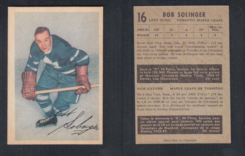 1953-54 PARKHURST HOCKEY CARD #16 B. SOLINGER photo