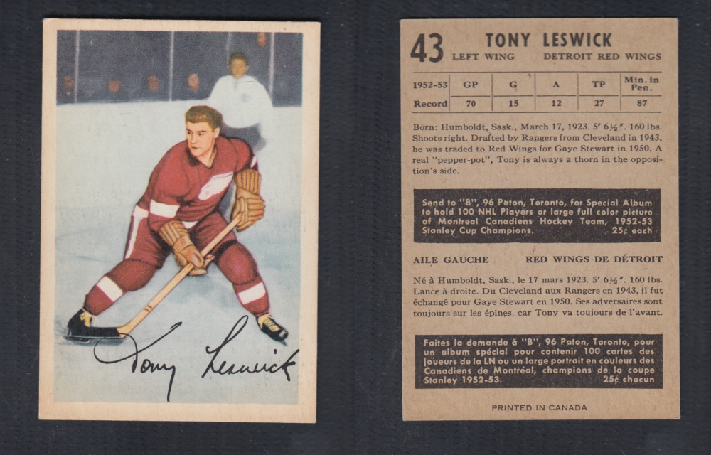 1953-54 PARKHURST HOCKEY CARD #43 T. LESWICK photo