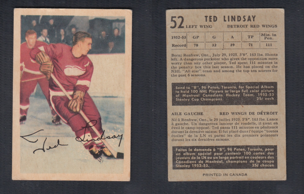 1953-54 PARKHURST HOCKEY CARD #52 T. LINDSAY photo