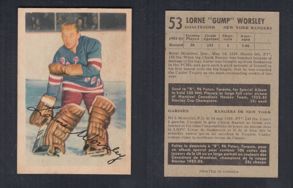 1953-54 PARKHURST HOCKEY CARD #53 L. WORSLEY photo