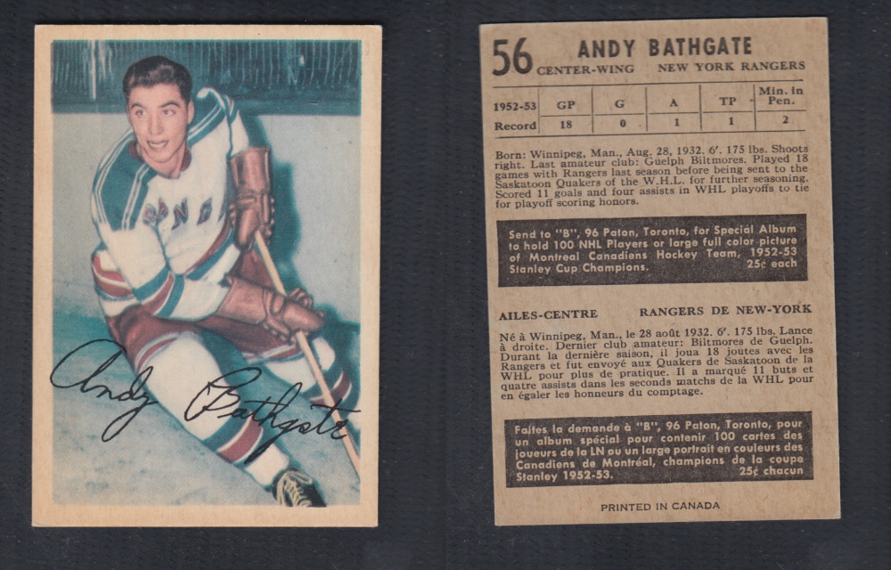 1953-54 PARKHURST HOCKEY CARD #56 A. BATHGATE photo