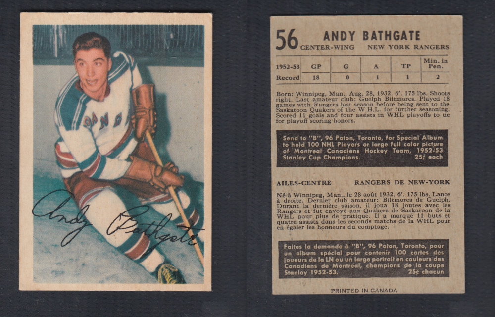 1953-54 PARKHURST HOCKEY CARD #56 A. BATHGATE photo