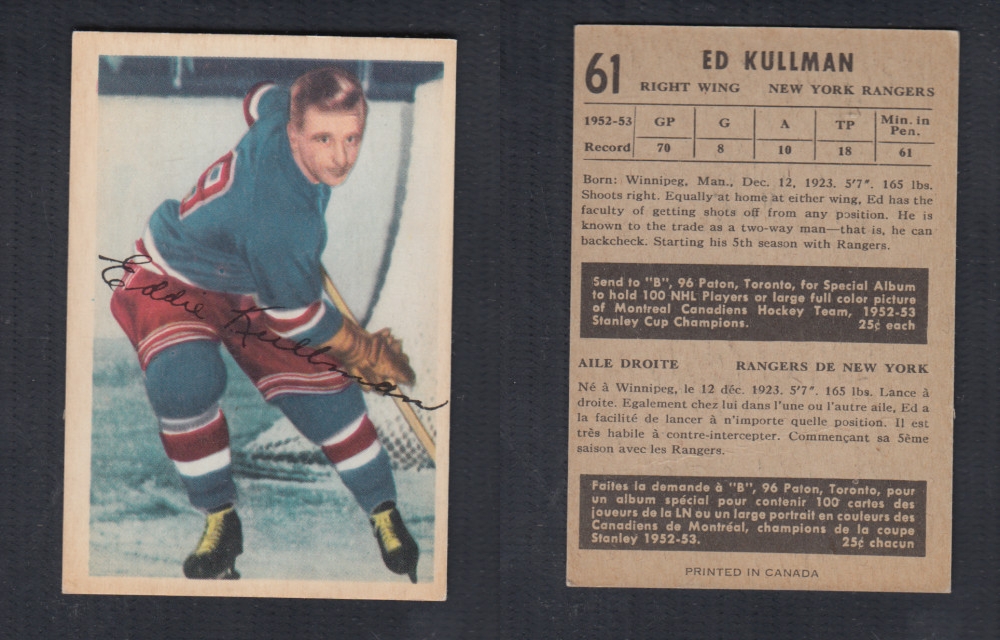 1953-54 PARKHURST HOCKEY CARD #61 E. KULLMAN photo