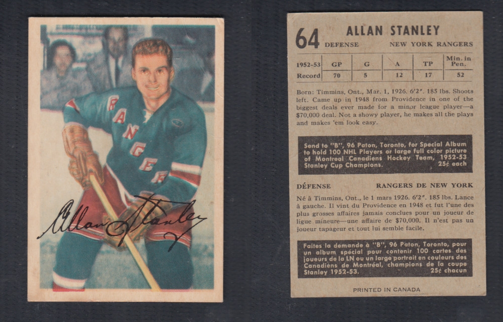 1953-54 PARKHURST HOCKEY CARD #64 A. STANLEY photo