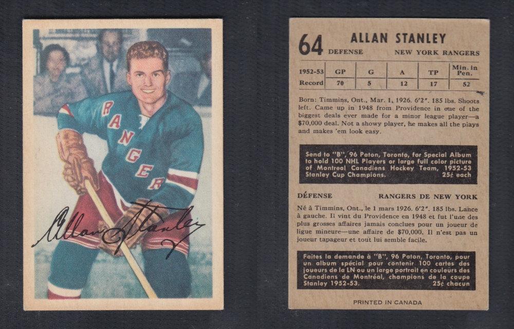 1953-54 PARKHURST HOCKEY CARD #64 A. STANLEY photo