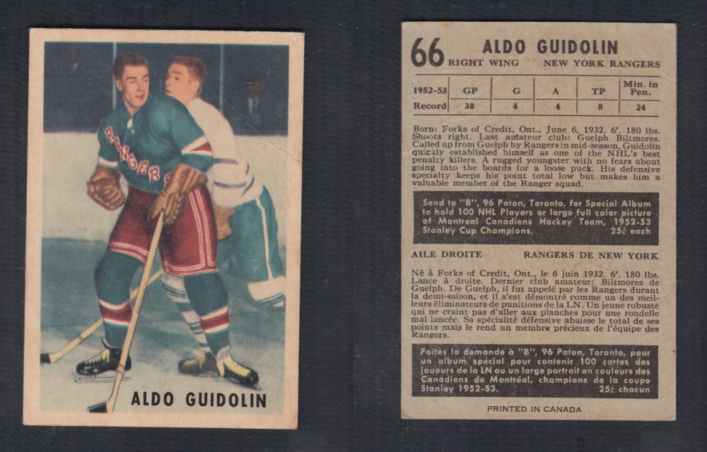 1953-54 PARKHURST HOCKEY CARD #66 A. GUIDOLIN photo