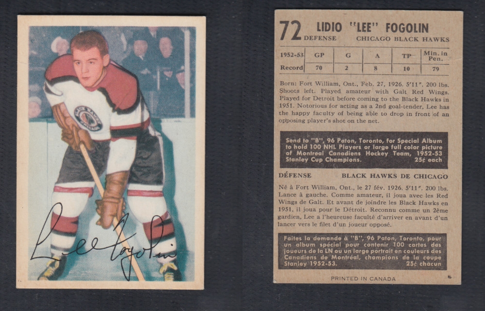 1953-54 PARKHURST HOCKEY CARD #72 L. FOGOLIN photo