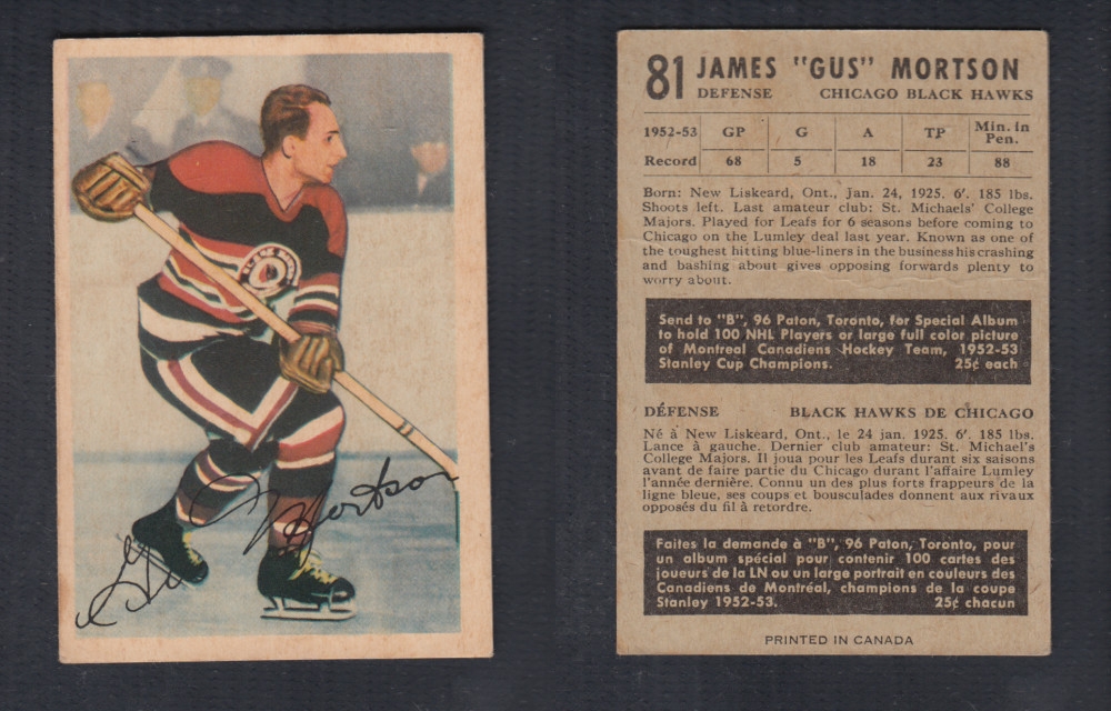 1953-54 PARKHURST HOCKEY CARD #81 J. MORTSON photo