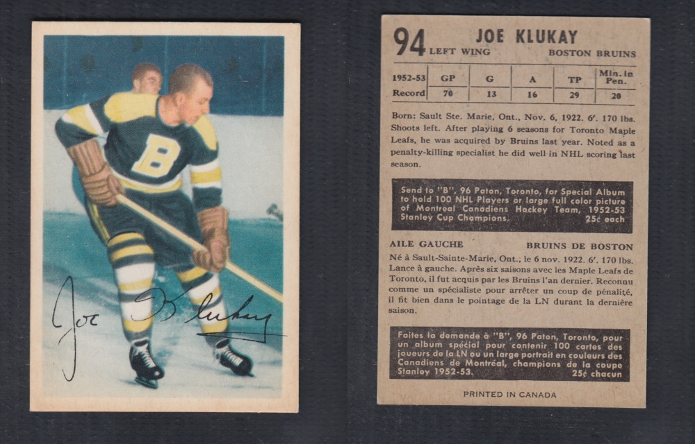 1953-54 PARKHURST HOCKEY CARD #94 J. KLUKAY photo