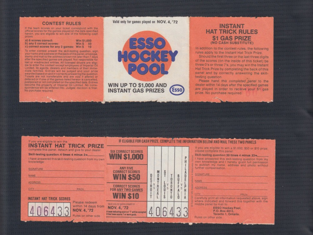 1972-73 ESSO HOCKEY POOL CONTEST FORM  photo