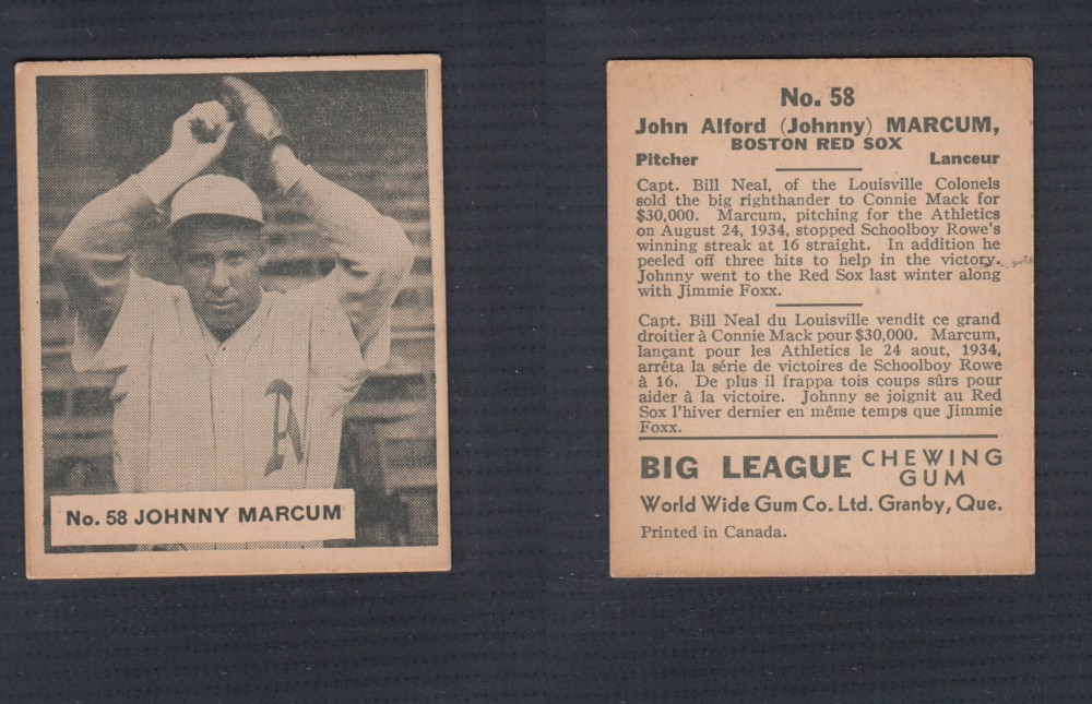 1936 WORLD WIDE GUM CANADIAN GOUDEY BASEBALL CARD # 58 J. MARCUM  photo