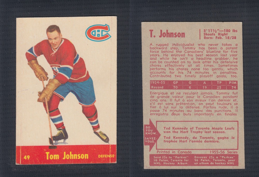 1955-56 PARKHURST HOCKEY CARD #49 T. JOHNSON photo