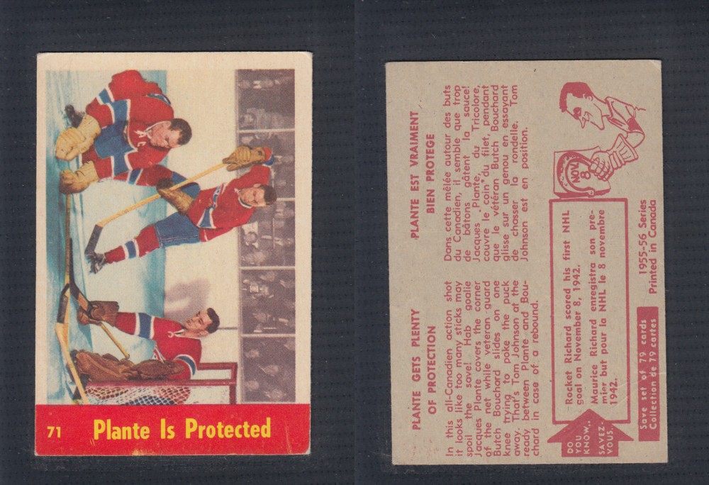 1955-56 PARKHURST HOCKEY CARD #71 PLANTE IS PROTECTED photo