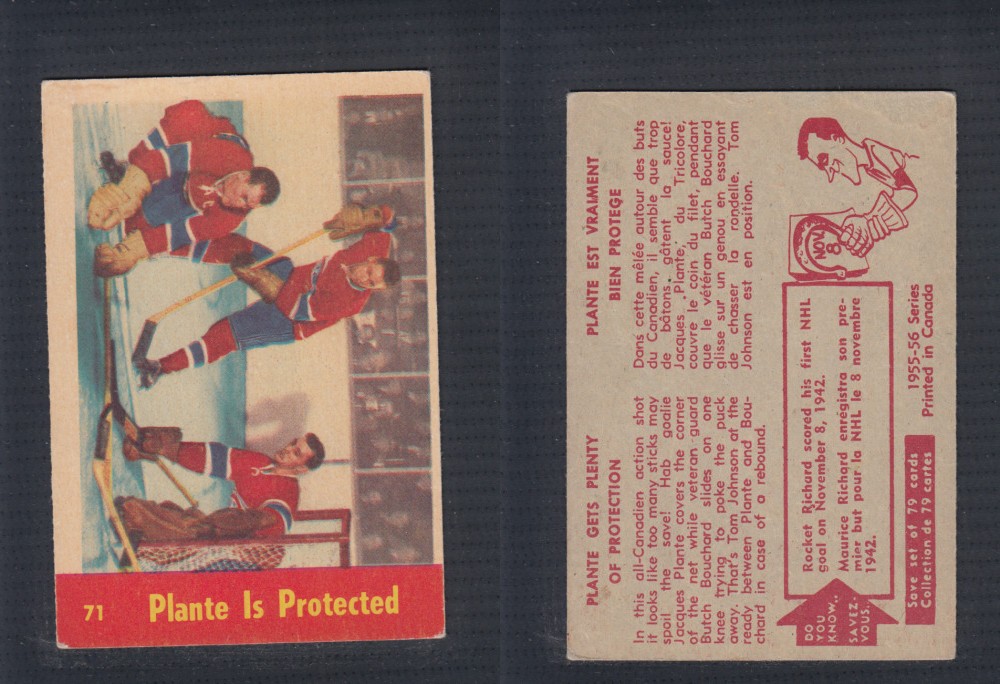 1955-56 PARKHURST HOCKEY CARD #71 PLANTE IS PROTECTED photo