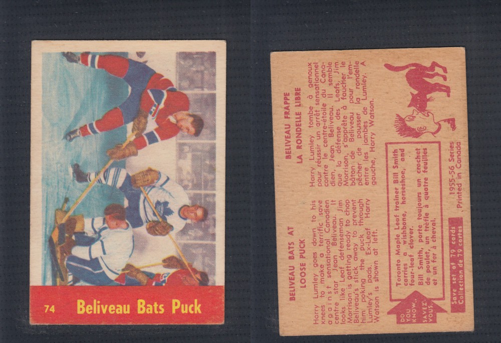 1955-56 PARKHURST HOCKEY CARD #74 BELIVEAU BATS PUCK photo